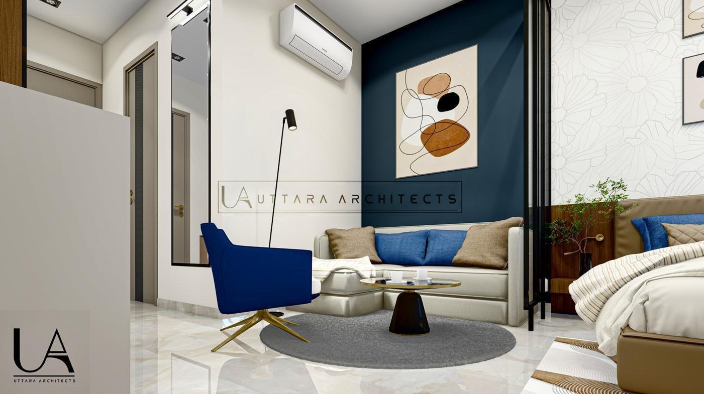 Studio apartment interior with bed and lounge
