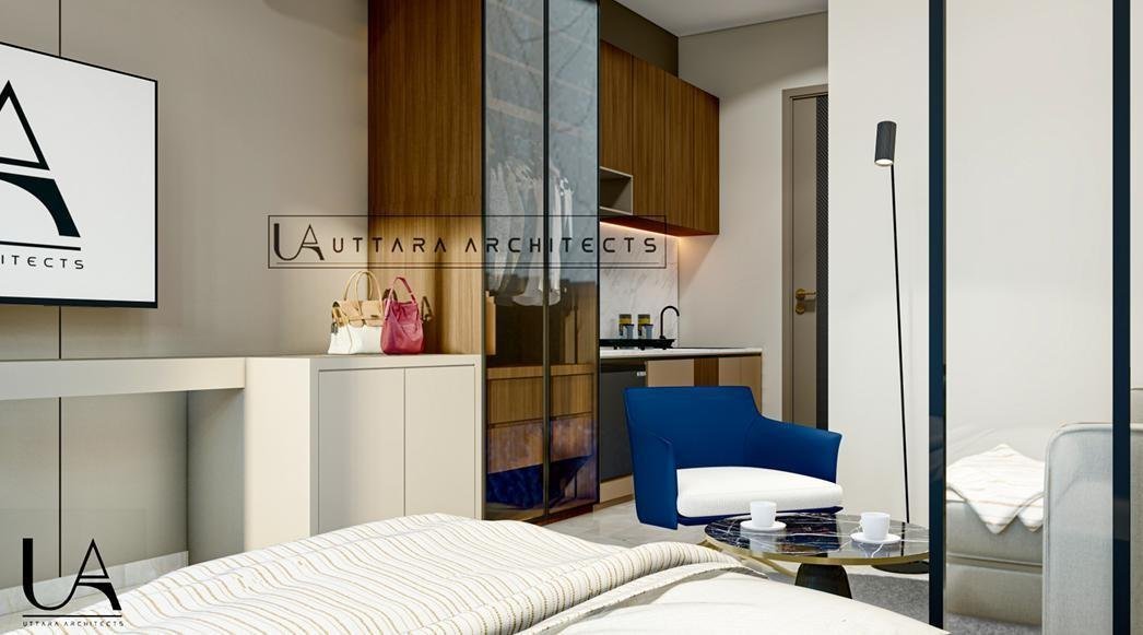 Studio apartment interior with modular pantry